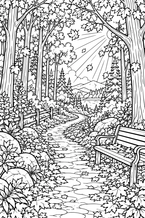 Winding woodland path lined with fallen leaves, rocks, shrubs, a wooden fence and bench, leading toward evergreens, distant water, mountains, clouds and sunlight.
