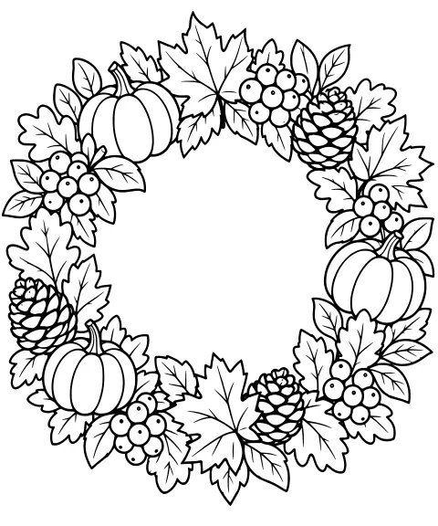 Round autumn wreath made of pumpkins, berry clusters, pinecones, and overlapping pointed and lobed leaves surrounding a blank center.