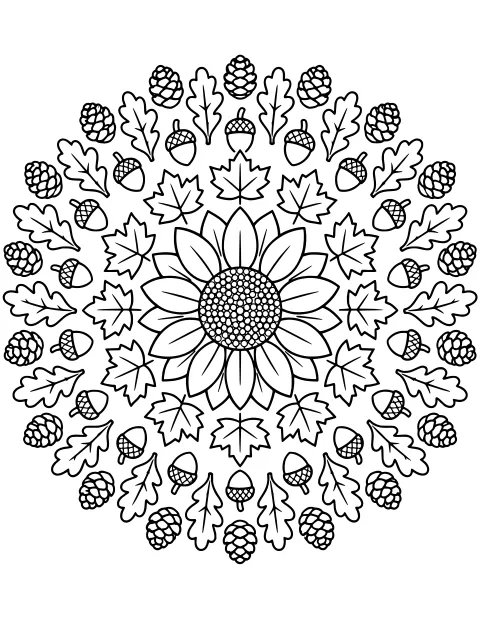 Circular autumn mandala with a large central flower, pointed and lobed leaves, acorns, and pinecones in repeating rings.