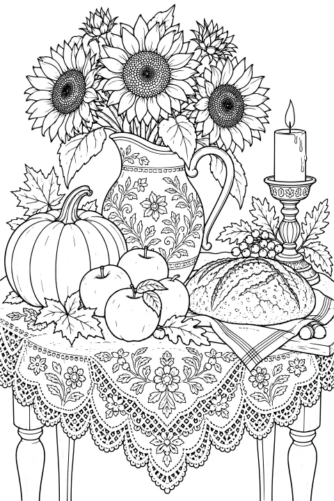 Detailed autumn still life of sunflowers in a floral pitcher with a pumpkin, apples, grapes, bread, leaves, and a candle on a lace-covered table.