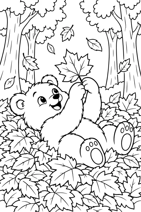 Bear cub reclining in a woodland leaf pile while holding a large maple-shaped leaf, with trees and falling leaves in the background.