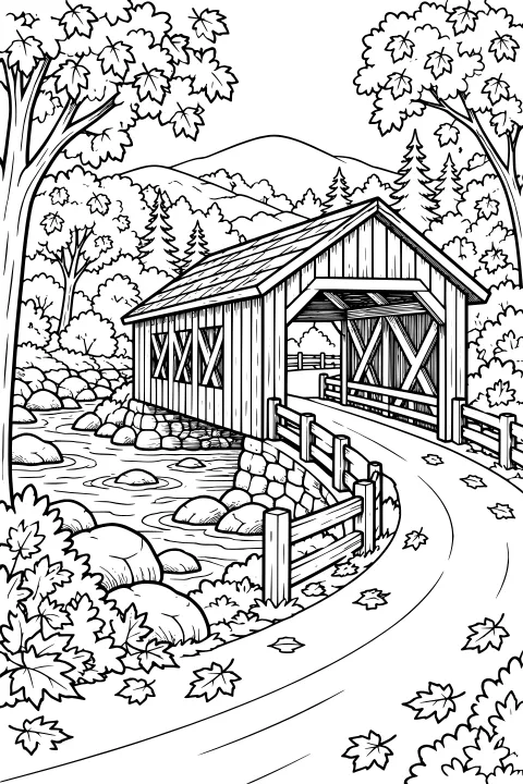 Wooden covered bridge over a rocky stream, with a curving fenced road, fallen leaves, dense trees, evergreens, and hills in the distance.