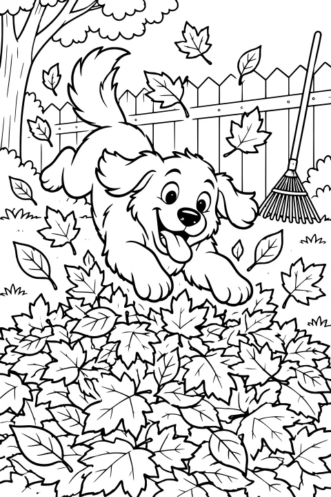 Fluffy dog leaping into a pile of fallen leaves beside a wooden fence, tree, and garden rake, with loose leaves drifting through the yard.