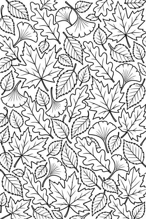 Scattered maple, oak, ginkgo, and serrated leaves arranged in a dense repeating pattern with visible stems and veins.