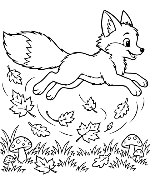 Long-tailed fox leaping above swirling autumn leaves, grass, and spotted mushrooms.