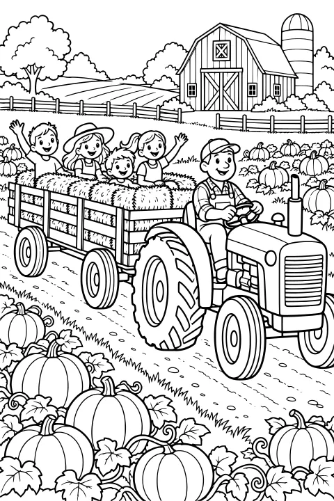 Tractor pulling a hay-filled wagon with waving riders through a pumpkin patch, with fenced fields, trees, a barn, and a silo in the background.