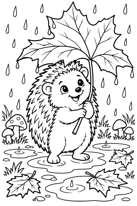 Hedgehog holding a broad leaf overhead in falling rain, standing in puddles among mushrooms, grass, and fallen leaves.