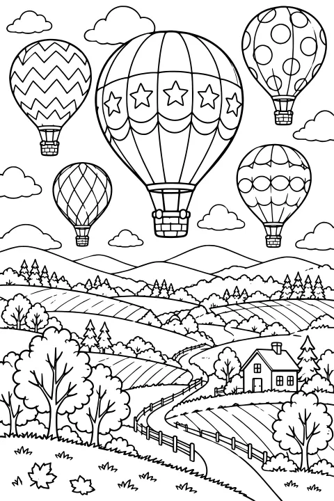 Patterned hot air balloons above rolling farmland with trees, clouds, a winding fenced road, and a house, plus stars, zigzags, circles, scallops, and diamonds.