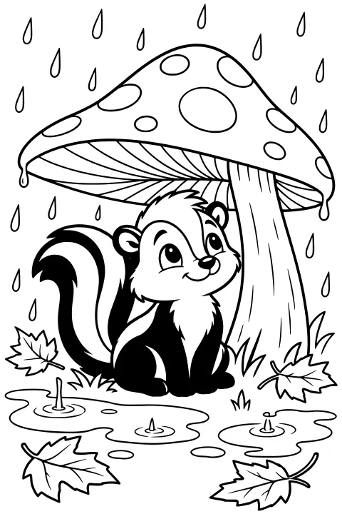 A skunk beneath a large spotted toadstool, surrounded by falling raindrops, puddles, grass, and scattered maple-shaped leaves.