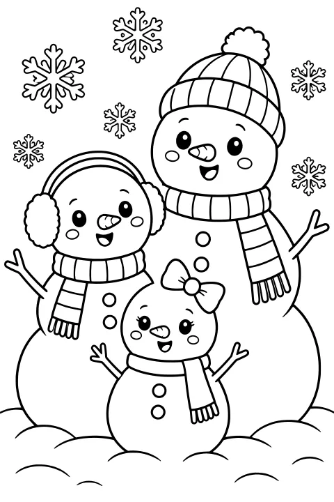 Three snowmen wearing scarves, a pom-pom hat, earmuffs, and a bow, surrounded by snowdrifts and decorative snowflakes.