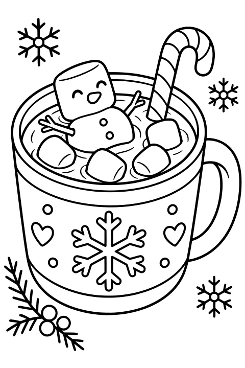 Marshmallow snowman in a decorated mug of cocoa with loose marshmallows, a striped candy cane, snowflakes, hearts, and a berry sprig.