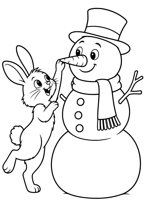 Rabbit reaching toward a snowman’s carrot nose beside a tall hat, fringed scarf, round buttons, and branch arms.