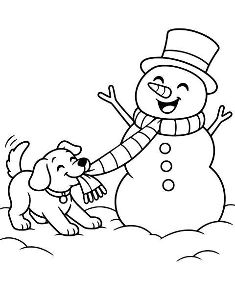 Dog holding a snowman’s striped scarf in its mouth beside curved snowbanks; the snowman wears a tall hat and has buttons and branch arms.
