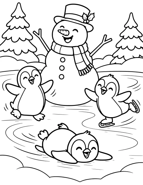 Snowman in a top hat and scarf beside a frozen pond with three penguins, surrounded by snowbanks and evergreen trees.