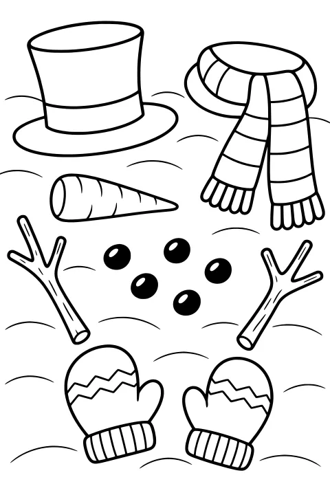 Snowman accessories and parts arranged on snow, with a top hat, striped scarf, carrot nose, round pieces, branch arms, and patterned mittens.