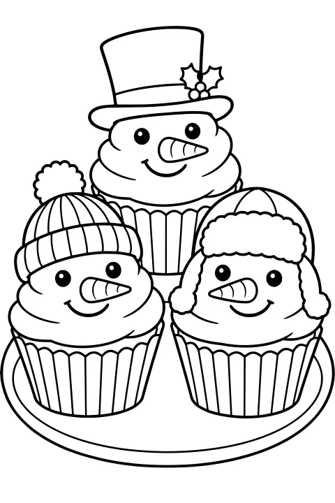 Snowman cupcakes arranged on a round plate, wearing a holly-trimmed top hat, a pom-pom knit cap, and a fluffy earflap hat.