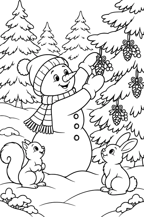 Snowman reaching toward an evergreen branch decorated with bows, pinecones, and berries, with a squirrel, rabbit, snowy banks, and forest trees nearby.