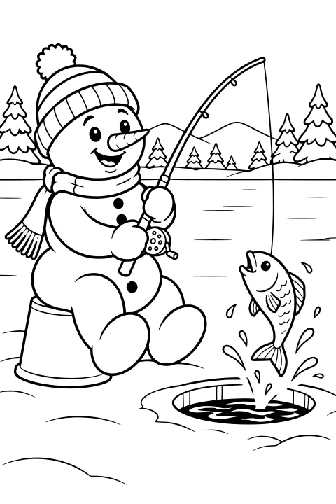 Bundled snowman holding a fishing rod as a fish jumps from an ice hole, framed by snowbanks, evergreen trees, and distant mountain slopes.