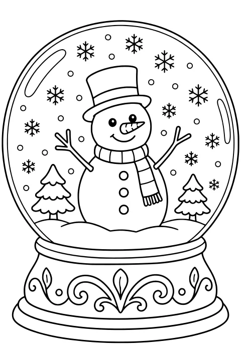 Snowman wearing a top hat and striped scarf inside a round snow globe, with snowflakes, evergreen trees, snowy ground, and an ornate pedestal base.