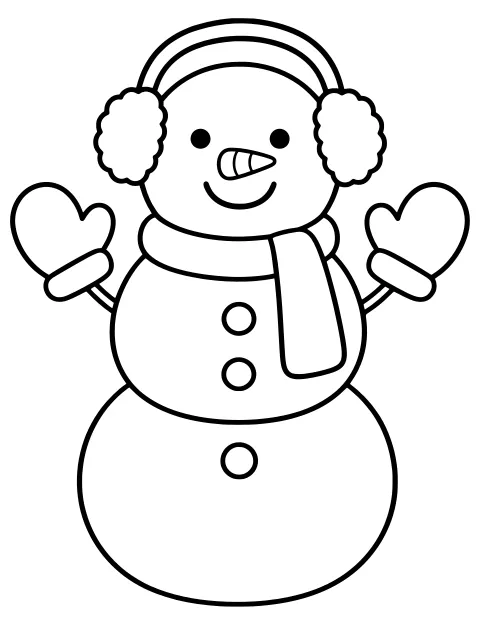 Snowman with raised mittens, fluffy earmuffs, a scarf, round buttons, dot eyes, and a pointed segmented nose.
