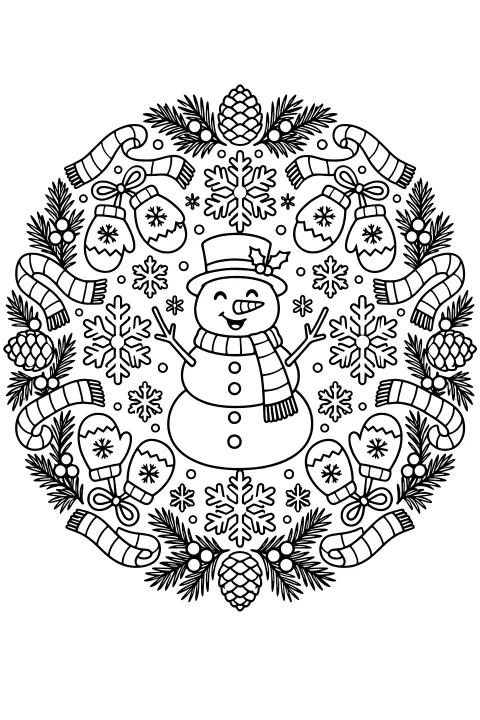 Top-hatted snowman centered in a circular arrangement of snowflakes, mittens, striped scarves, pinecones, berries, and evergreen branches.