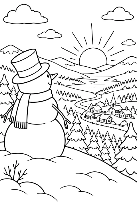 Snowman wearing a tall hat and scarf on a snowy hill overlooking evergreen trees, a winding river, mountains, and a small village beneath a low sun.