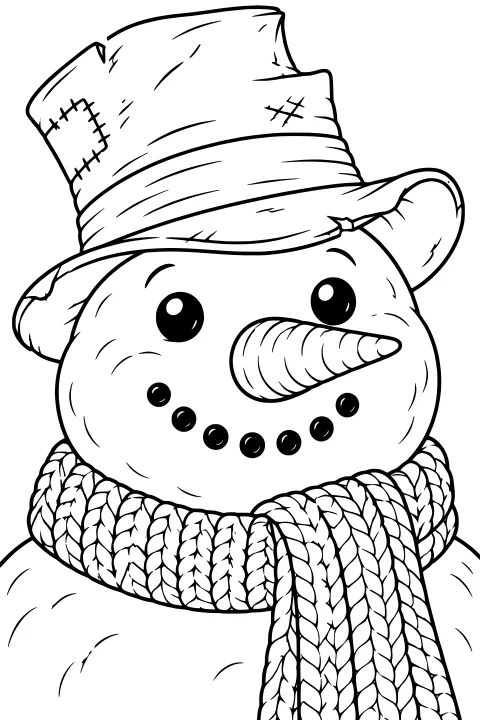 Close-up line art of a snowman wearing a patched floppy hat and chunky knitted scarf, with round eyes, a ridged carrot-shaped nose, and a curved dotted mouth.
