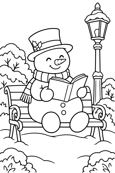 Snowman in a top hat and scarf holding an open book on a snowy park bench beside a tall lamp post and snow-covered shrubs.