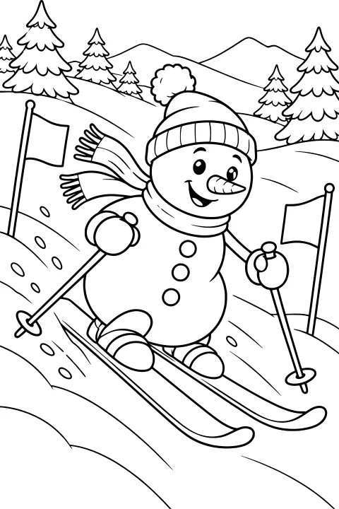 Smiling snowman in a pom-pom hat and scarf skiing downhill with poles, course flags, snow-covered evergreen trees, and mountains in the background.