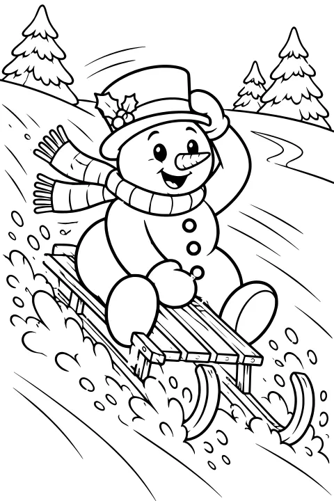 Snowman in a tall holly-trimmed hat and striped scarf riding a slatted sled downhill past evergreen trees, with snow spraying around the runners.