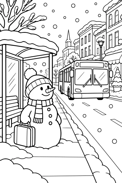 Snowman in a pom-pom hat and scarf holding a suitcase beside a bus shelter as a bus approaches along a snowy city street.