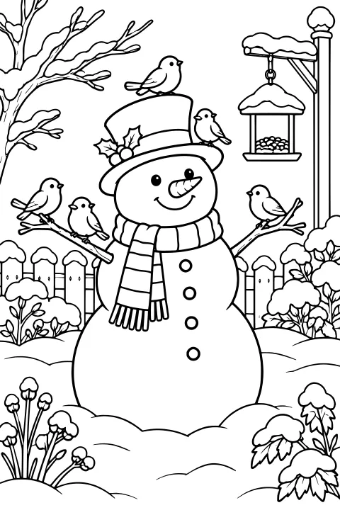 Snowman wearing a tall hat and striped scarf, surrounded by perched birds, snowy branches, shrubs, a fence, and a hanging bird feeder.