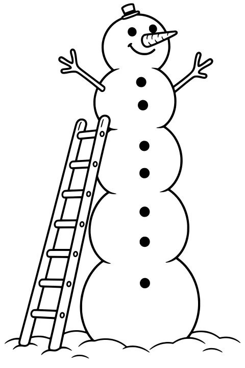 Tall stacked snowman beside a leaning ladder, with a small top hat, carrot nose, stick arms, round buttons, and snow mounds along the ground.