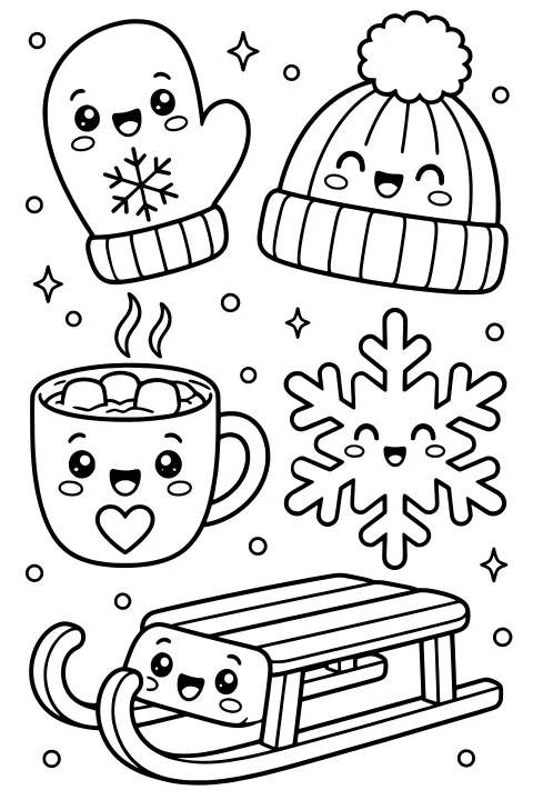 Smiling mitten, pom-pom hat, steaming mug, snowflake, and sled surrounded by small circles and sparkling shapes.