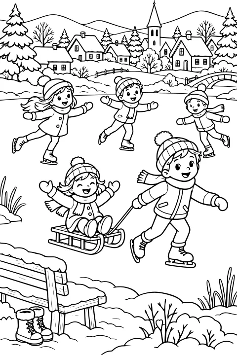 Kids skating and sledding on a frozen pond beside snowy banks, with a bench, cottages, evergreen trees, a church tower, and a stone bridge.