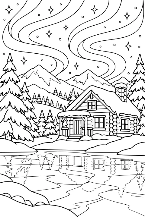 Snow-covered log cabin among pine trees and mountains beneath sweeping aurora bands and stars, with the winter scene reflected in open water.