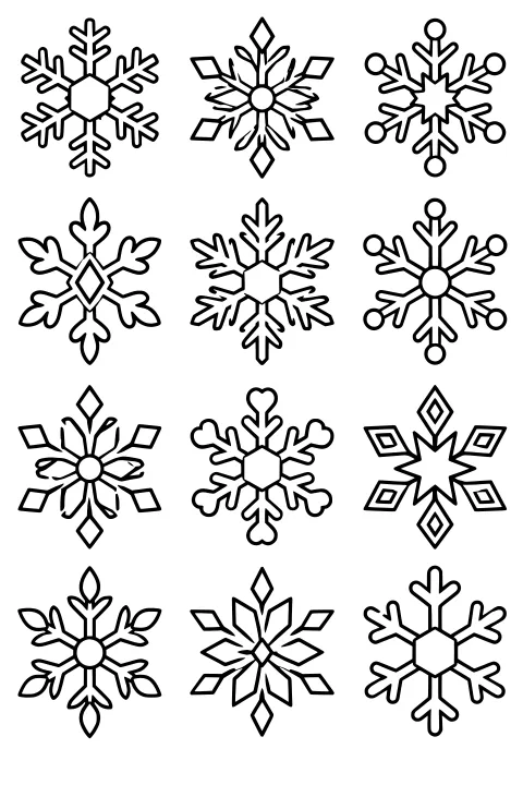 Grid of decorative snowflake outlines with branching arms, geometric centers, circles, diamonds, leaves, rounded tips, and angular details.