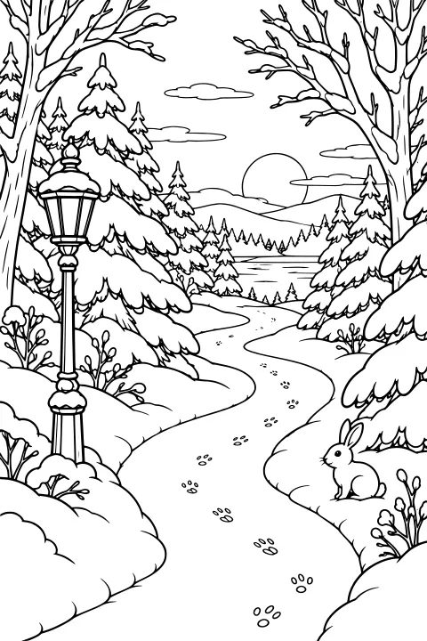 Winding snowy forest path with tracks, a rabbit, an old-fashioned lamp, snow-covered evergreens, bare trees, distant hills, water, clouds, and a low sun or moon.