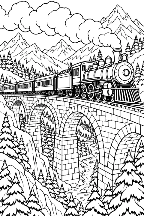 Steam locomotive with passenger cars crossing a stone arch viaduct over a winding stream, surrounded by snow-covered pine trees and jagged mountains.